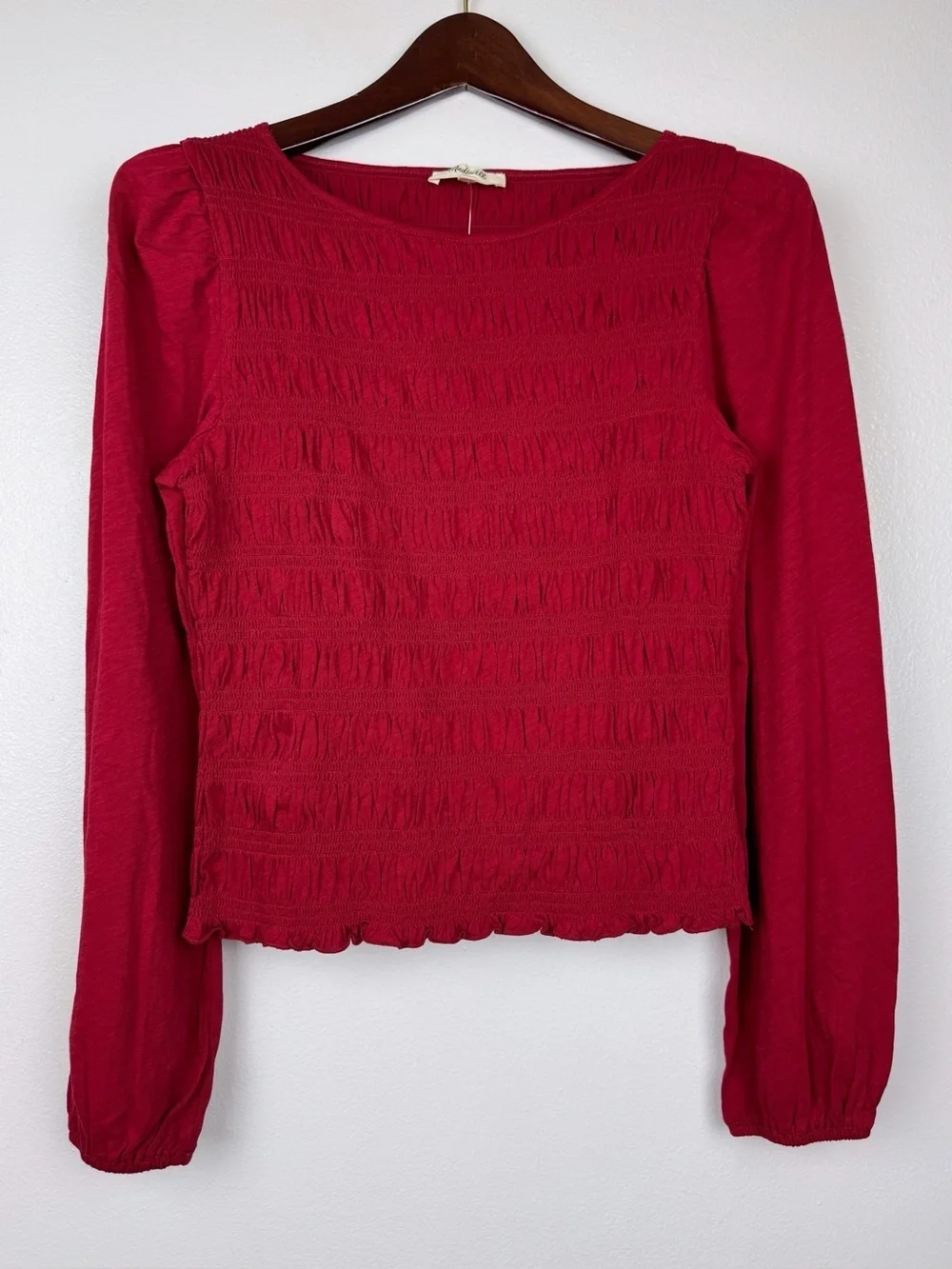 Madewell Smocked Cotton Boatneck Puff Sleeves Slim Fit Top Red Size M NWT